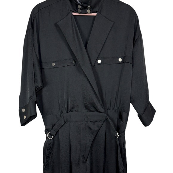 BEBE Black Satin Utility Jumpsuit Sz S Mock Neck Zip Tapered Leg Belted Y2K Goth - Picture 11 of 15